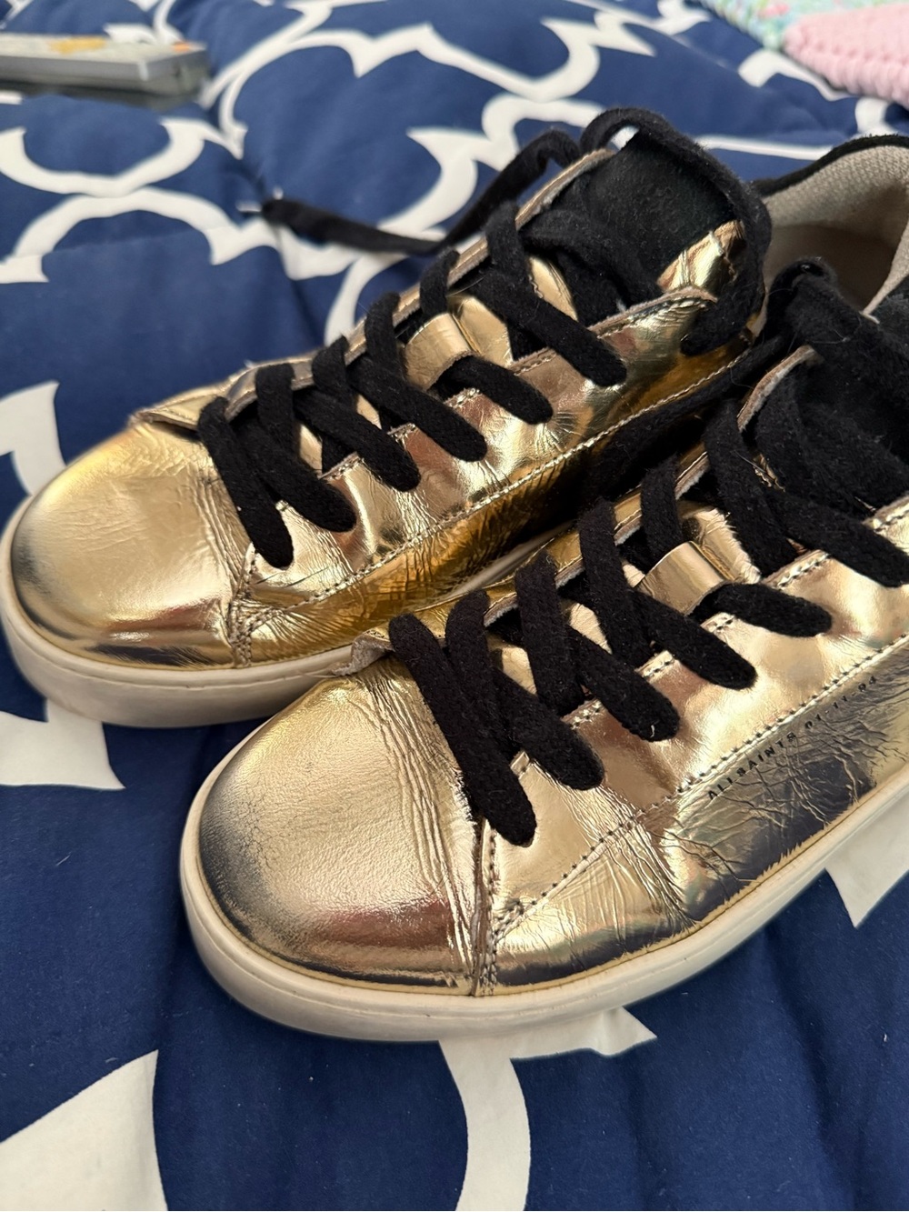 All Saints Metallic Gold Sneakers with Black Laces